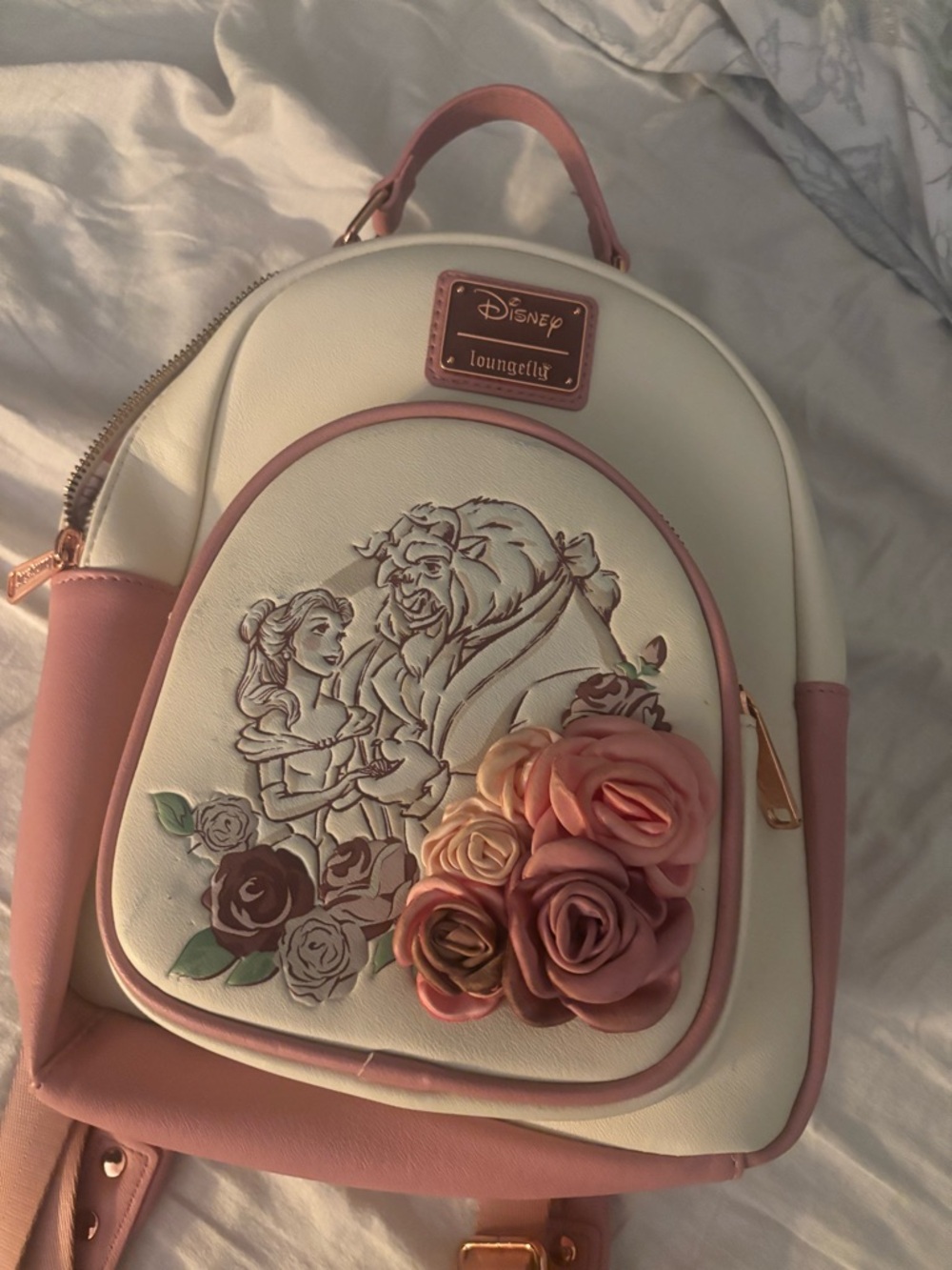 Loungefly Cream & Pink Beauty and the Beast Floral Mini Backpack
